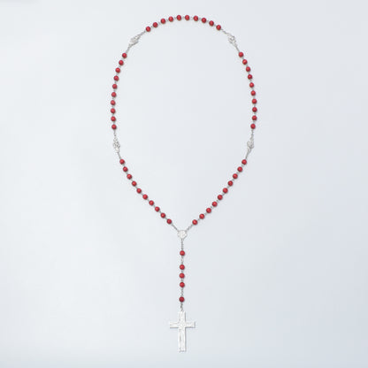 Red rose scented five-decade rosary with Jerusalem Cross centerpiece