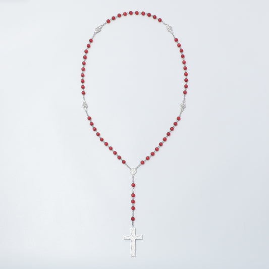 Full red bead rosary with Jerusalem Cross centerpiece and Ichthus Cross