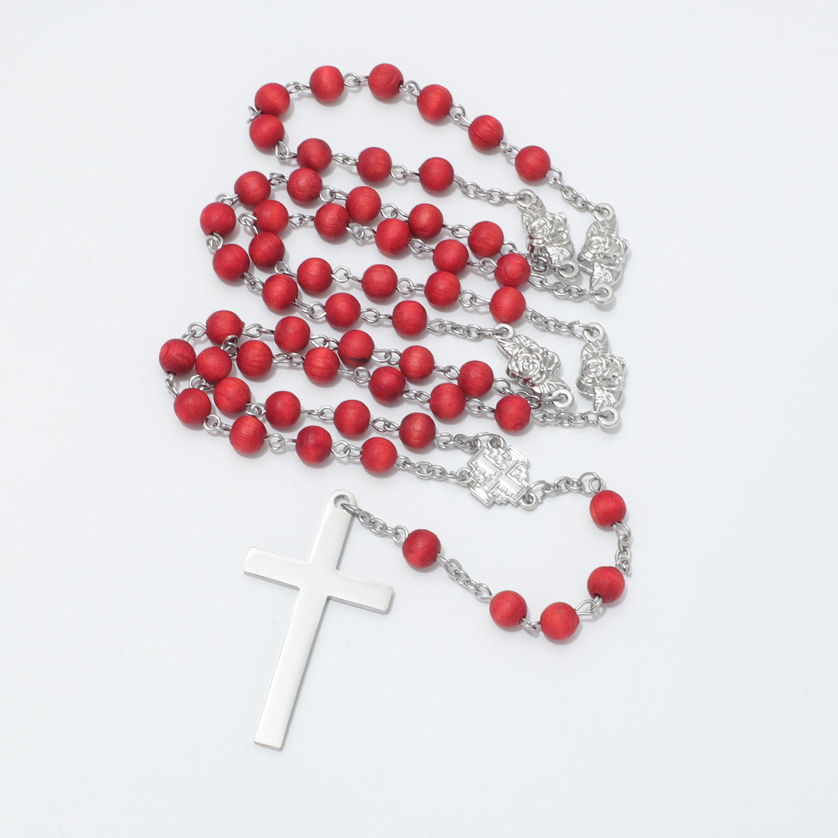Rose scented Jerusalem Cross five-decade rosary with polished silver toned cross