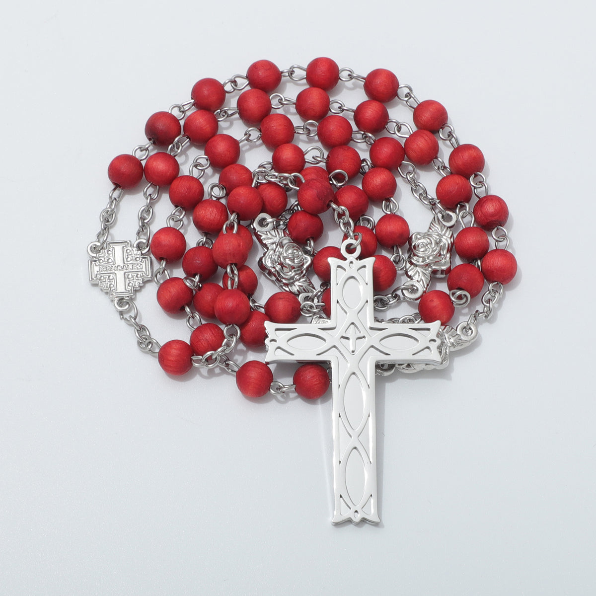 Rose scented Jerusalem Cross rosary with red wooden beads and Ichthus Cross