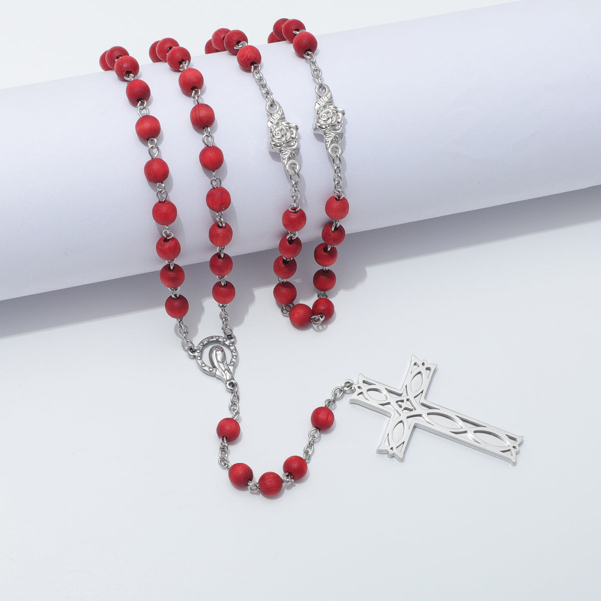 Rose scented Maria rosary with silver toned Ichthus Cross