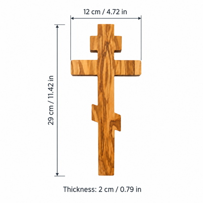 Russian Orthodox olive wood wall cross dimensions: 29 cm (11.42 in) long, 12 cm (4.72 in) wide and 2 cm (0.79 in) thick.