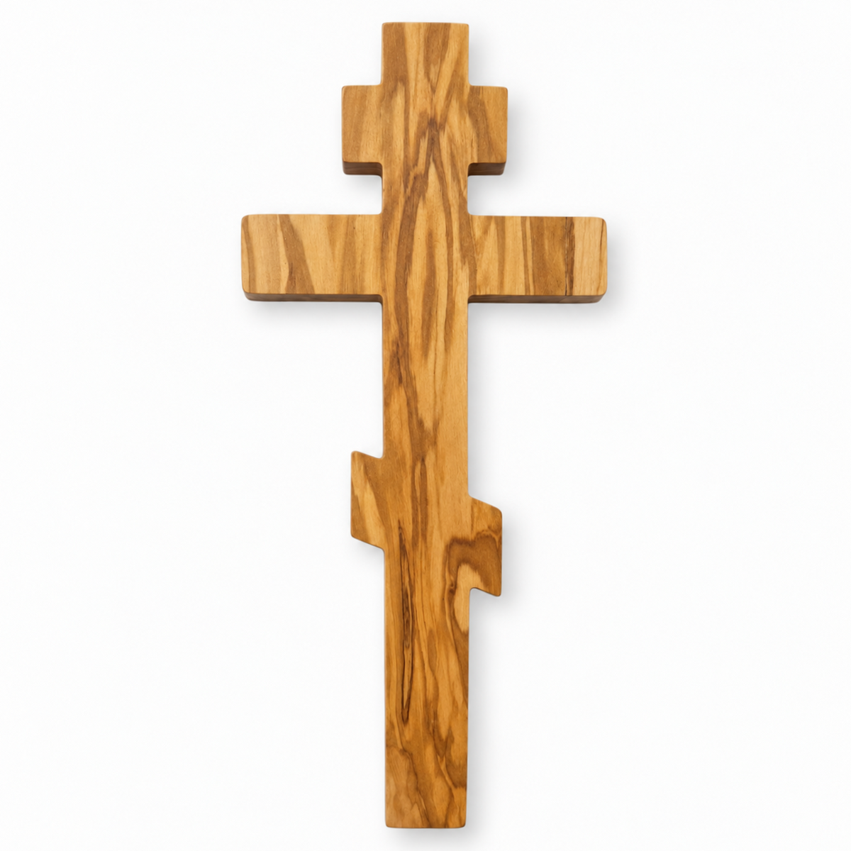 Front view of a Russian Orthodox olive wood wall cross handcrafted in Nazareth, with three crossbars and flowing wood grain.