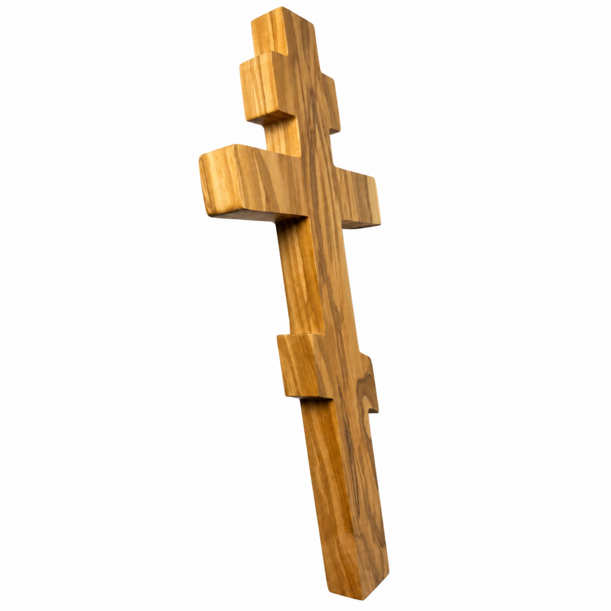 Angled side view of a Russian Orthodox olive wood wall cross, showing its 2 cm thickness and smooth edges.
