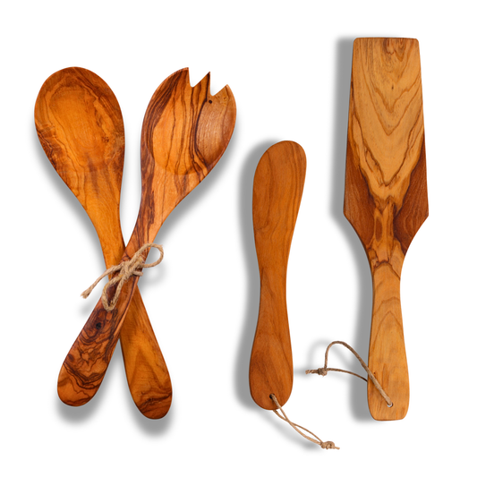 three-piece kitchen set from genuine olive wood. It includes a salad serving set, a cooking turner, and a butter spreader