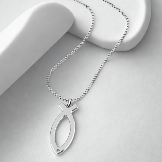 Silver fish-shaped pendant on a chain against a light gray background