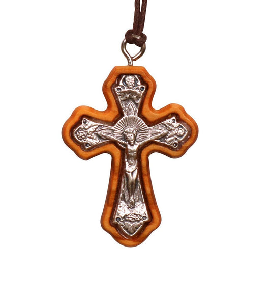 Anglican Olive Wood Framed Crucifix Necklace Close Up