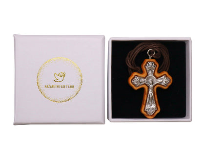 Anglican Olive Wood Framed Crucifix Necklace In Gift Box