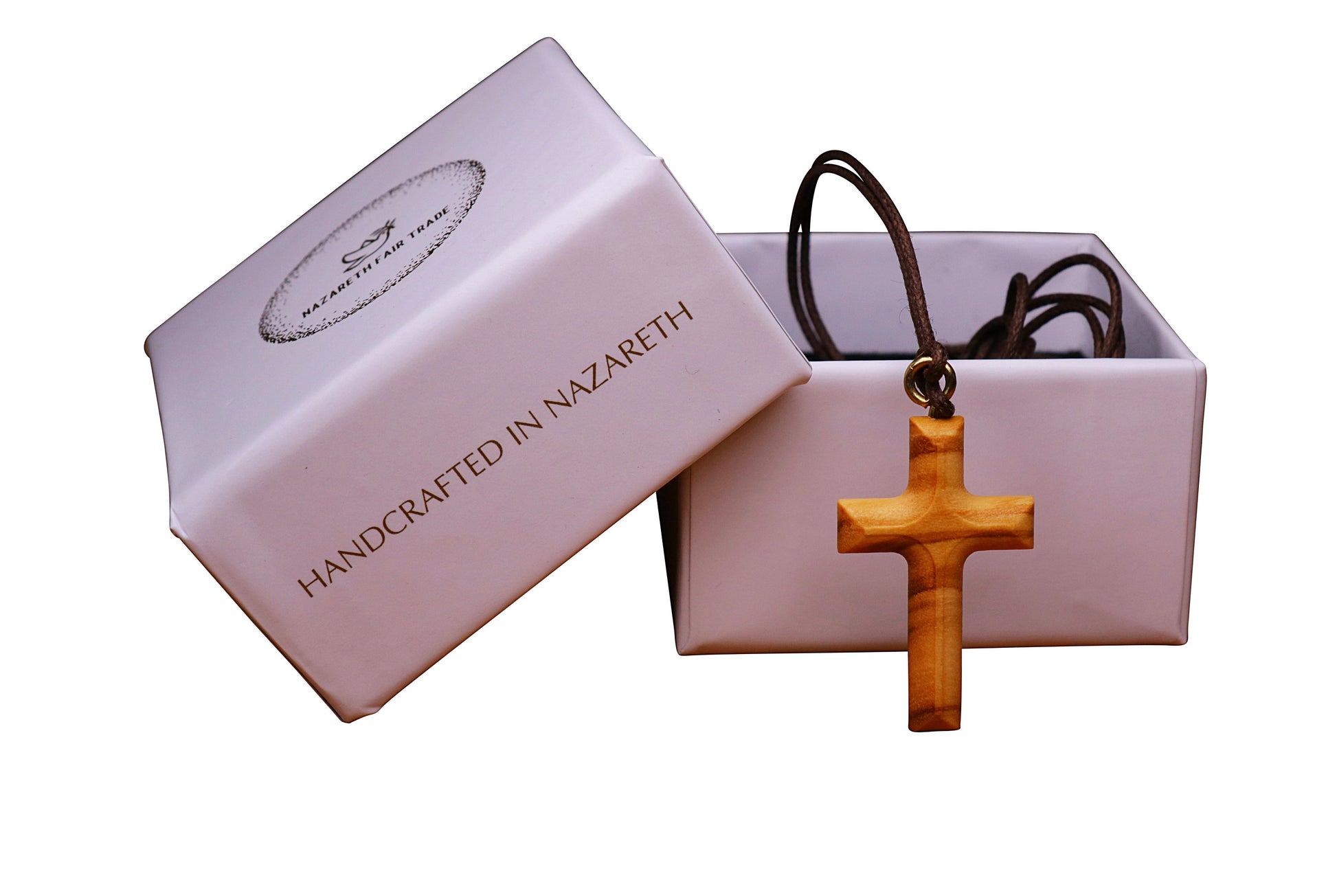 Classic Olive Wooden Cross Necklace outside gift box