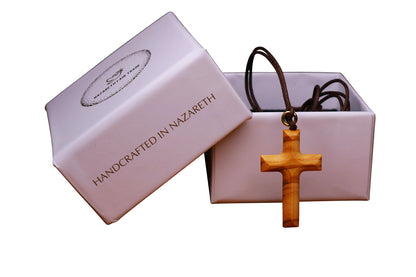 Classic Olive Wooden Cross Necklace outside gift box