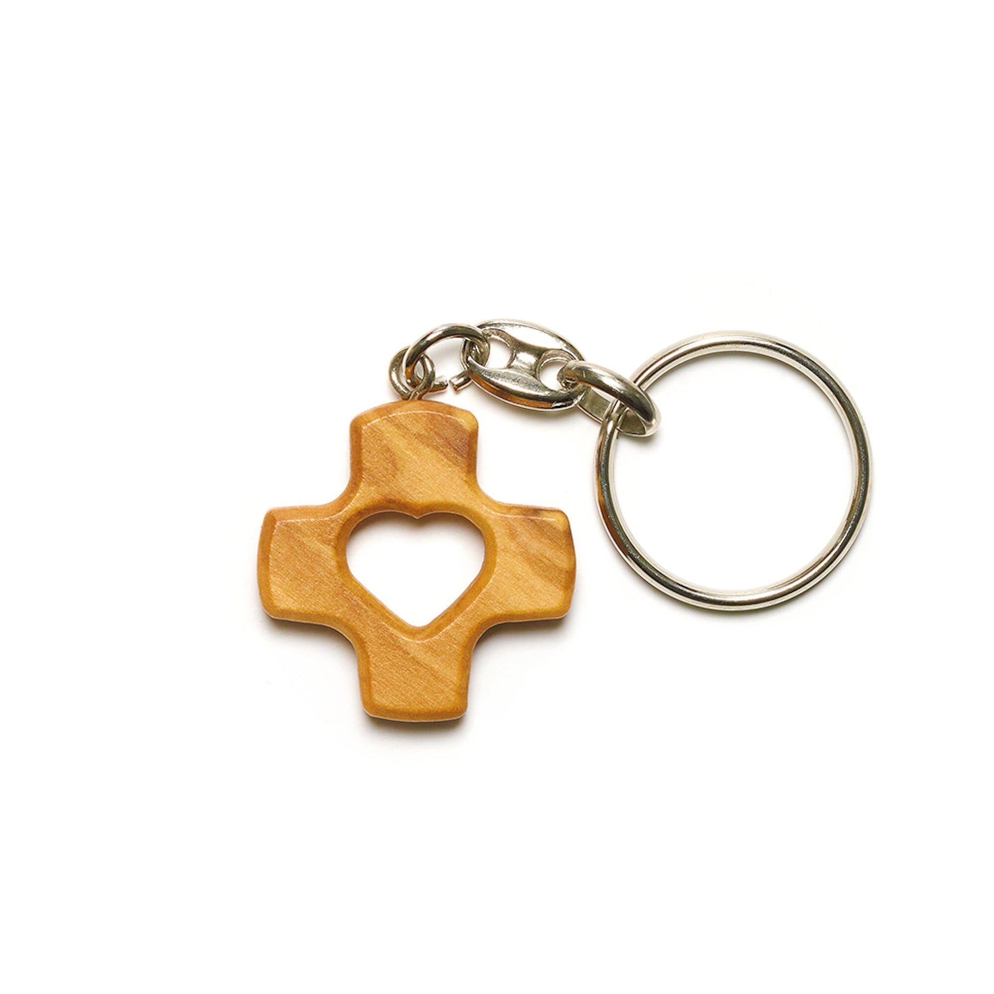 Heart Cross Olive Wood Keychain