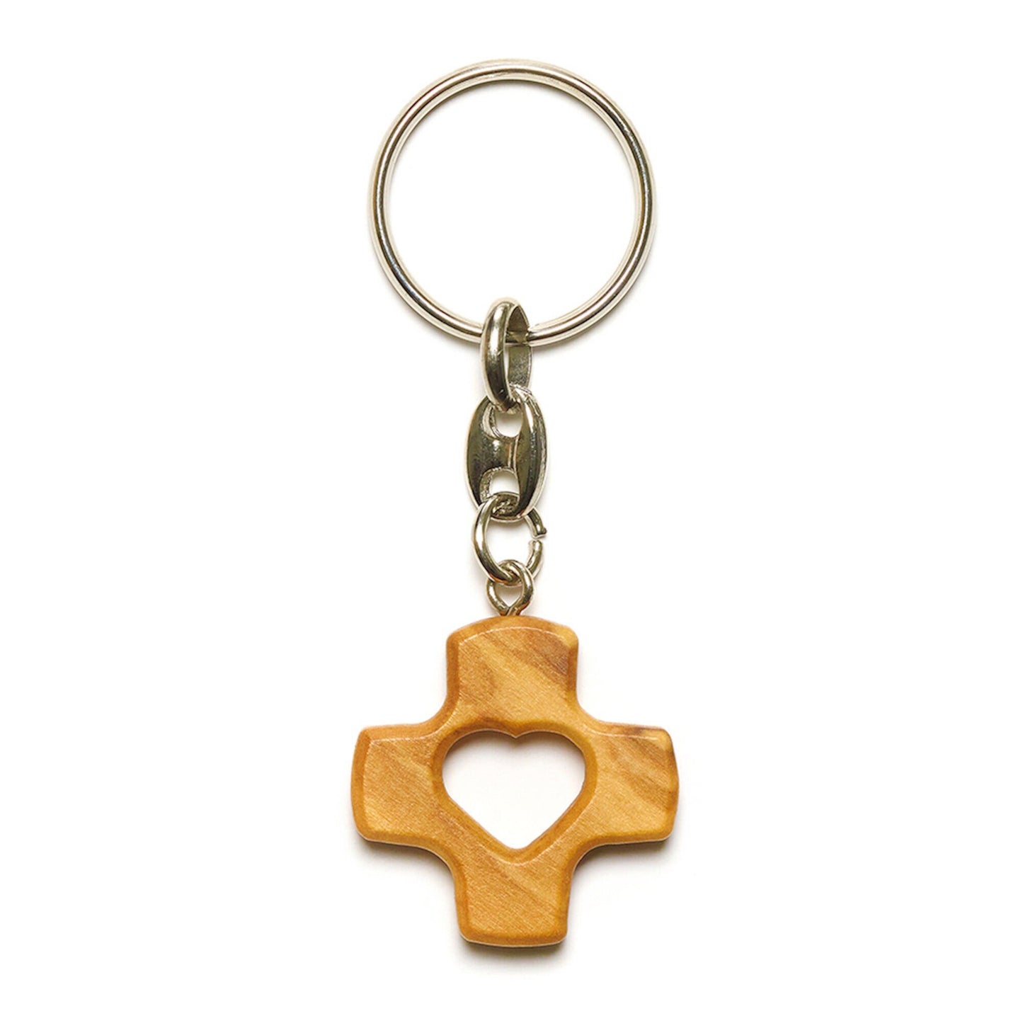 Heart Cross Olive Wood Keychain Close Up