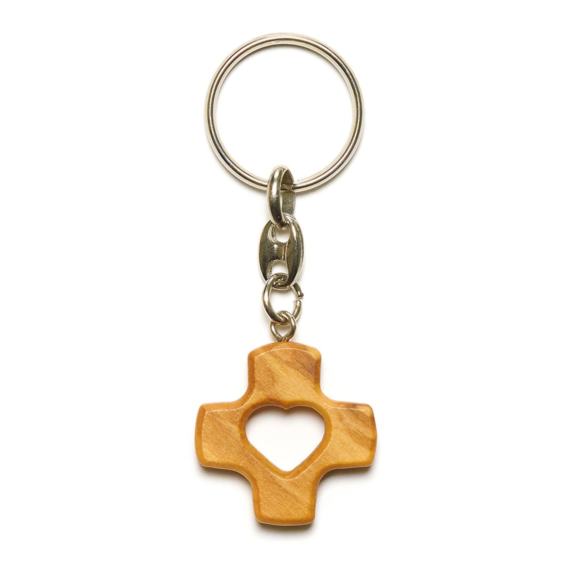 Heart Cross Olive Wood Keychain Close Up