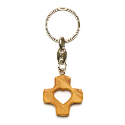 Heart Cross Olive Wood Keychain Close Up