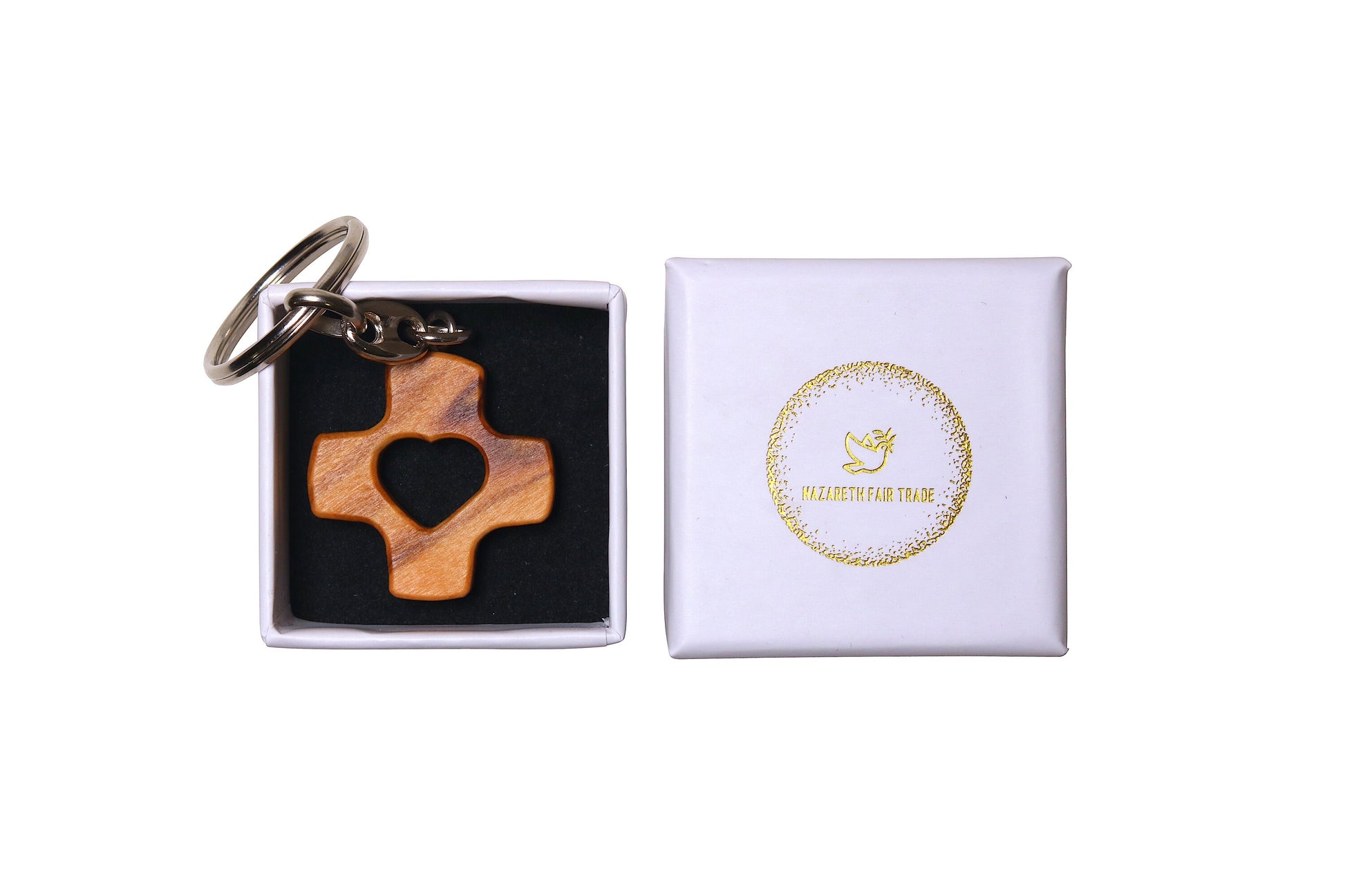 Heart Cross Olive Wood Keychain In Gift Box