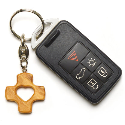 Heart Cross Olive Wood Keychain With Car Key