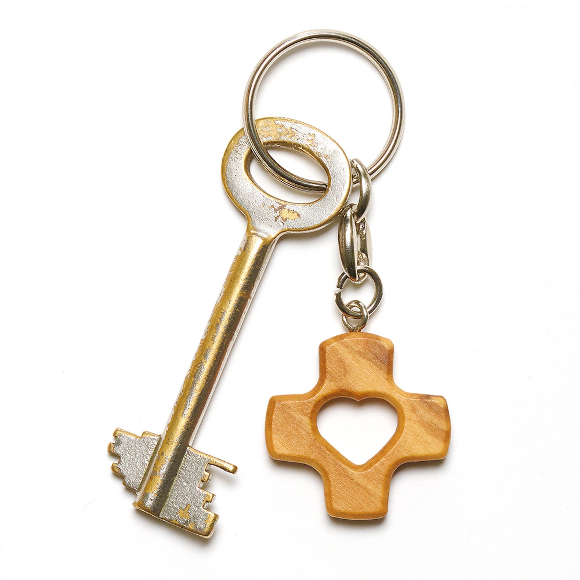 Heart Cross Olive Wood Keychain With Key