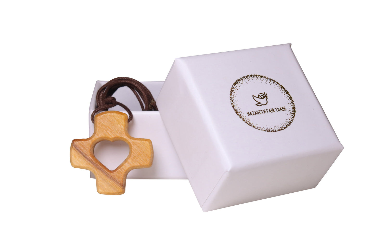 Heart Cross Olive Wood Necklace outside gift box