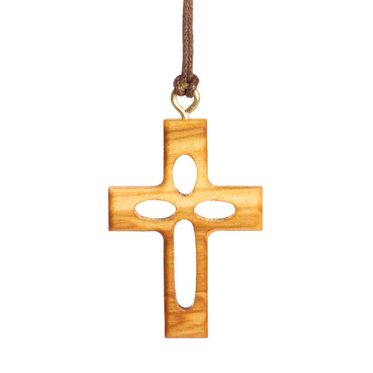 Hollow Olive Wood Crucifix Necklace Close Up