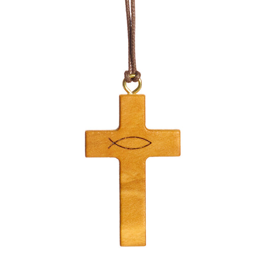 Ichthus Jesus Fish Olive Wood Cross Necklace Close Up