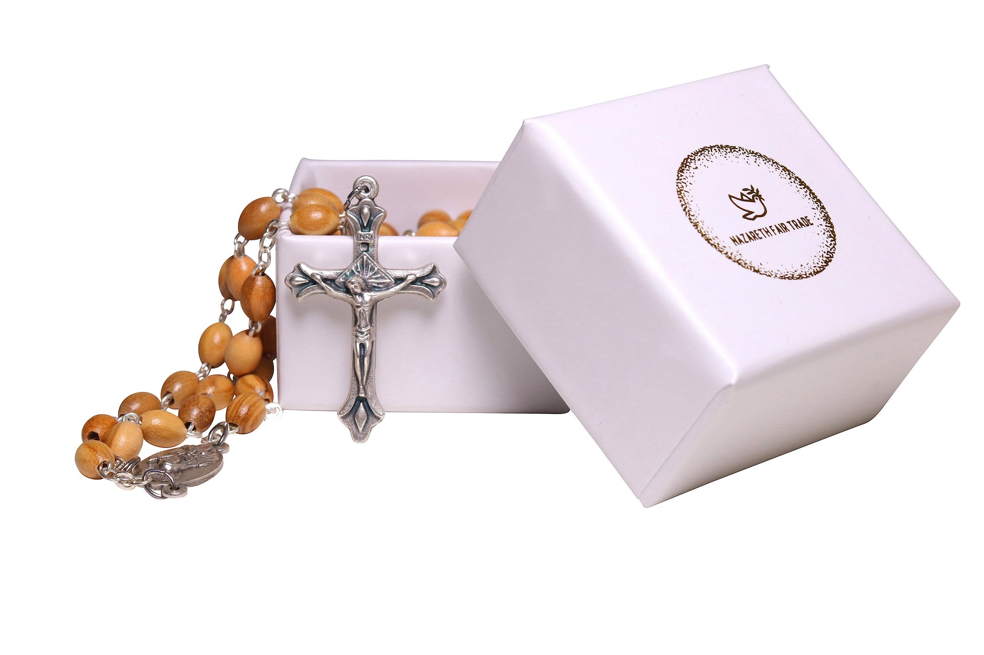 Maria Olive Wood Rosary Outside Gift Box