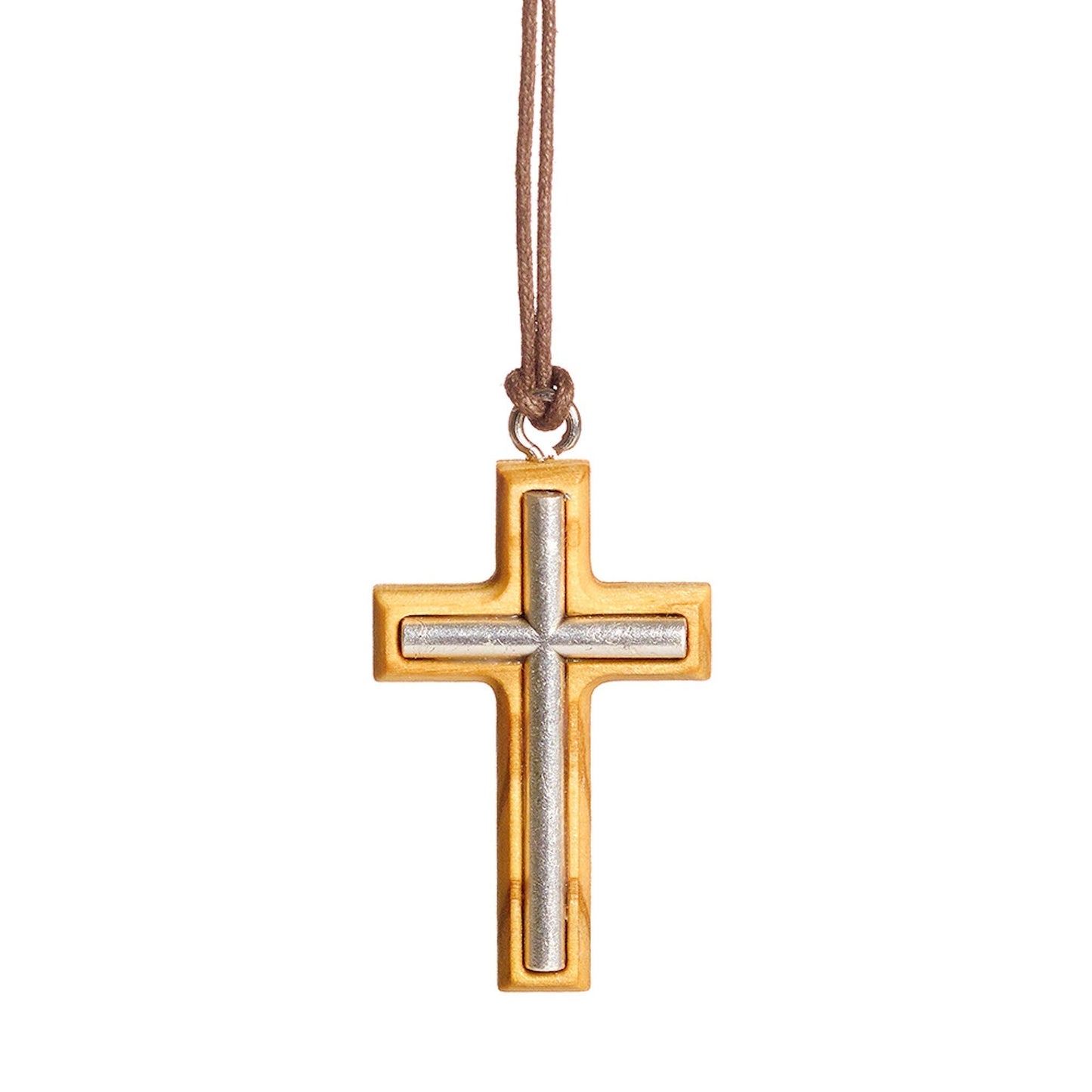 Metal cross olive wood necklace close up