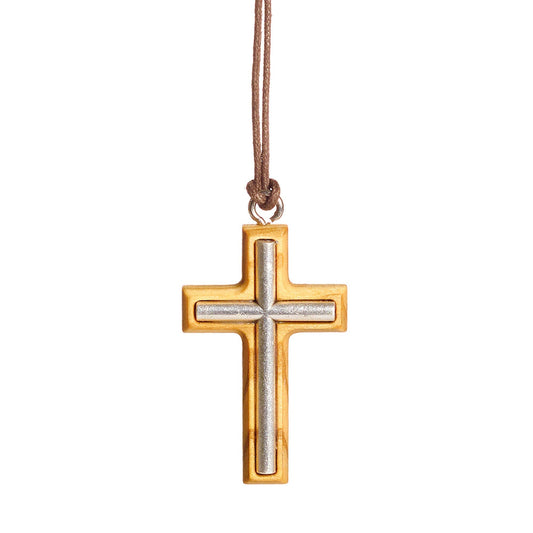 Metal cross olive wood necklace close up