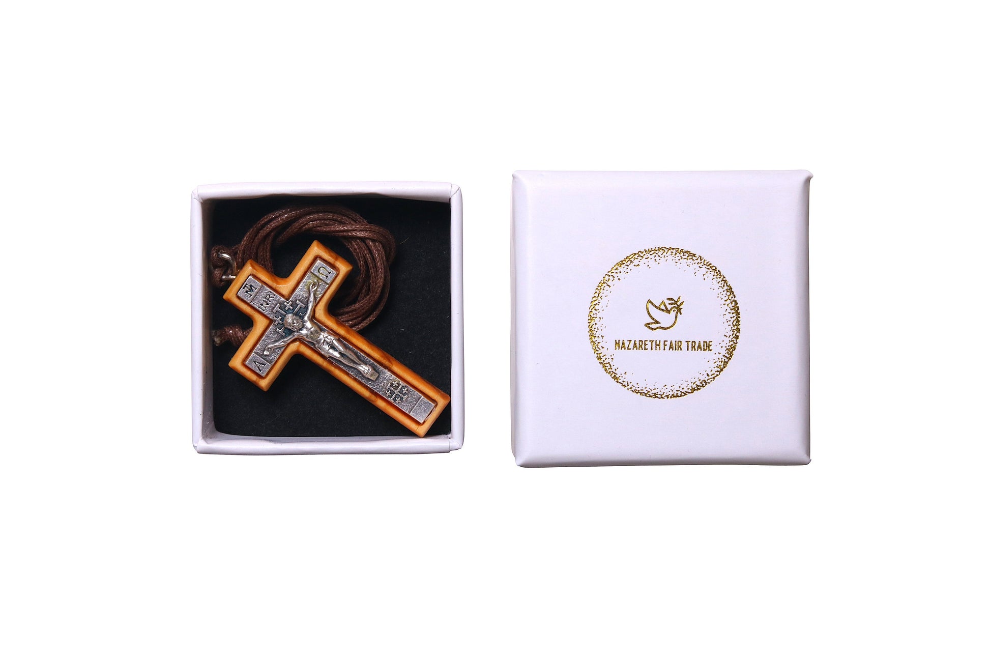 Metal olive wood crucifix cross necklace handmade in Nazareth in Gift box