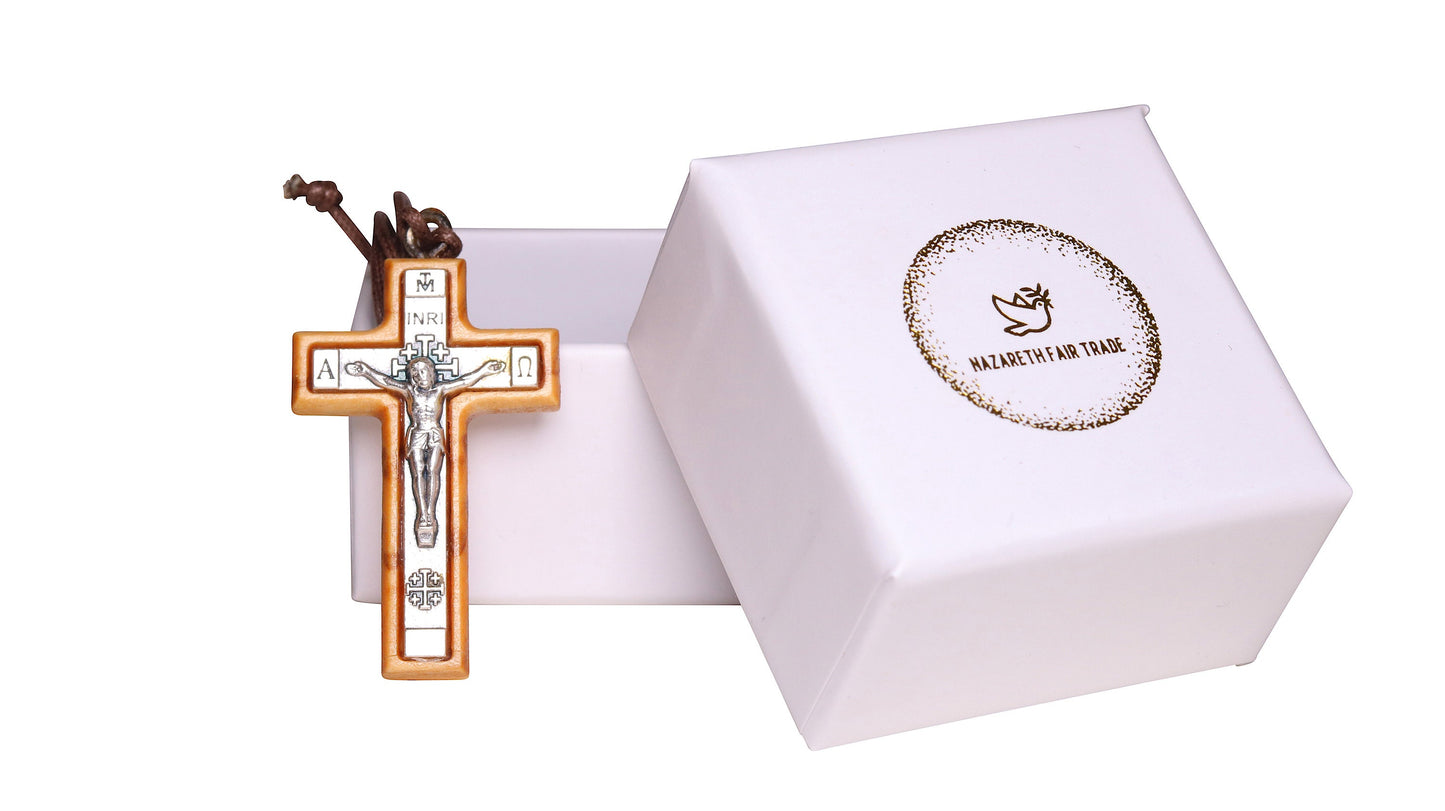 Metal olive wood crucifix cross necklace handmade in Nazareth outside box
