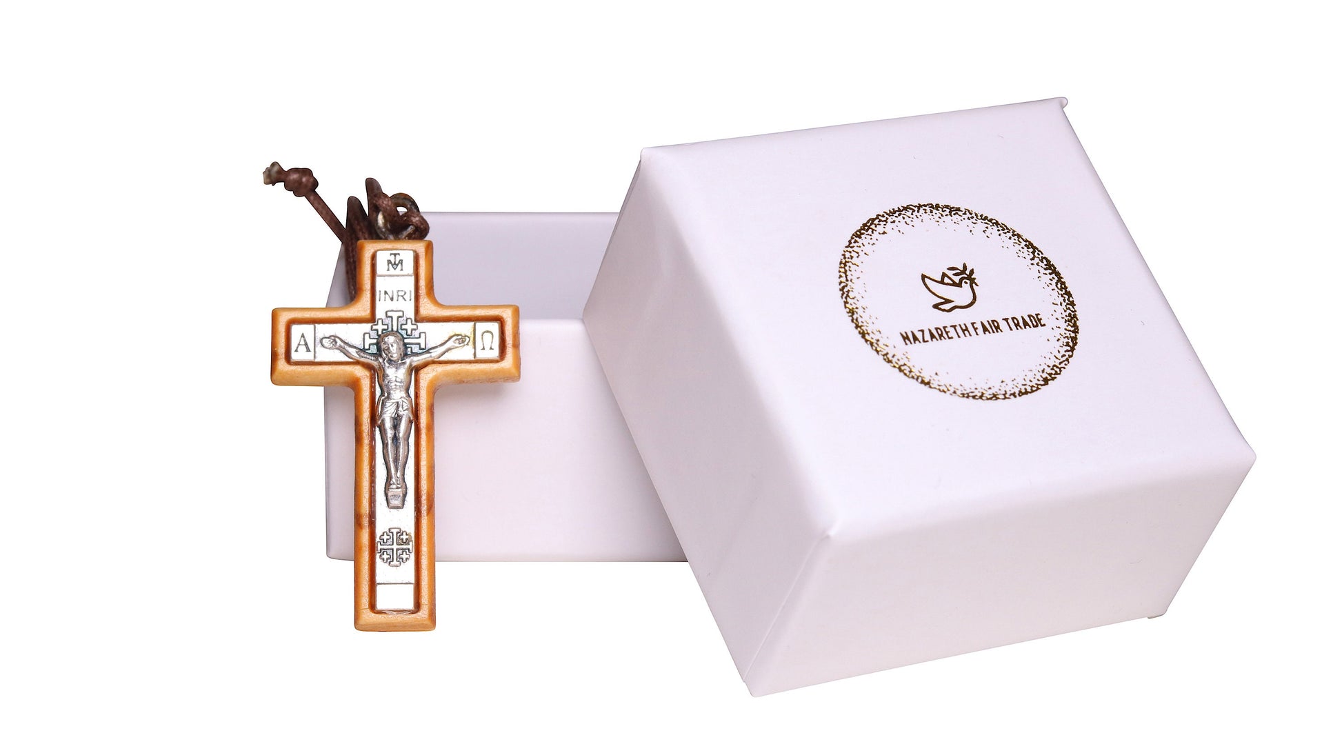 Metal olive wood crucifix cross necklace handmade in Nazareth outside box