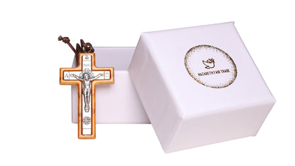 Metal olive wood crucifix cross necklace handmade in Nazareth outside box