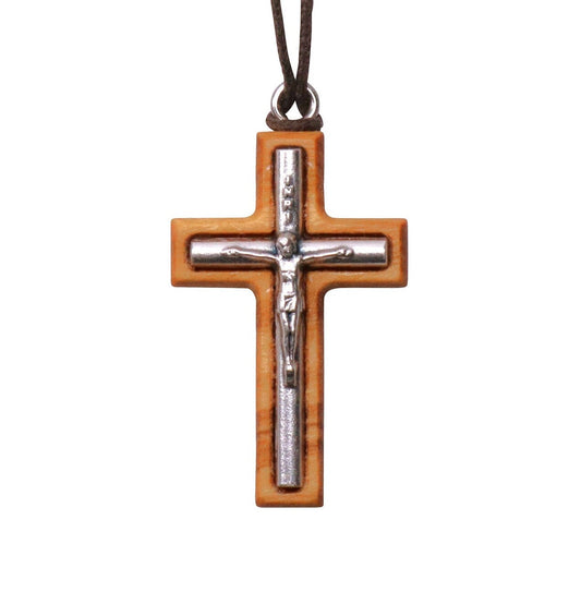 Minimalist Olive Wood & Inlaid Metal Crucifix Necklace Close Up