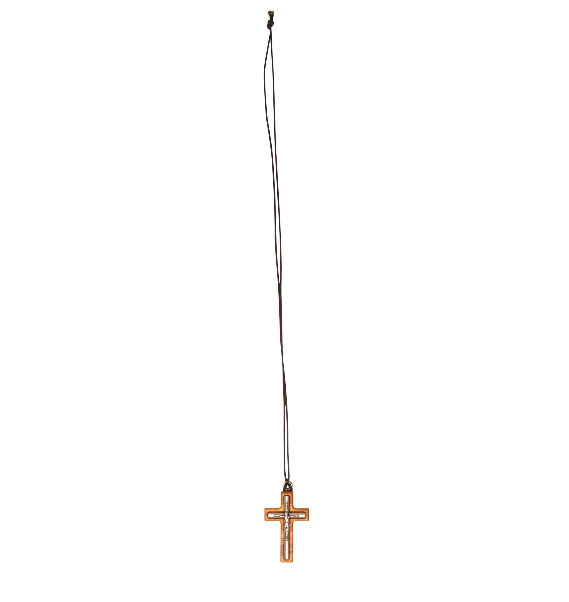 Minimalist Olive Wood & Inlaid Metal Crucifix Necklace Full Length