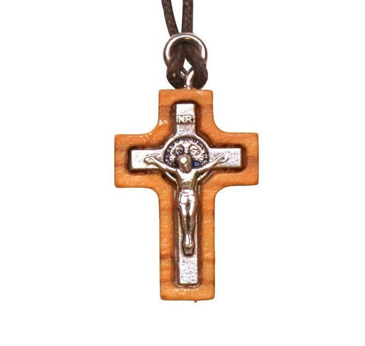 Modest Olive Wood & Silver Toned Metal Crucifix Necklace Close Up