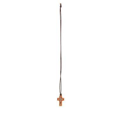 Modest Olive Wood & Silver Toned Metal Crucifix Necklace Full Length