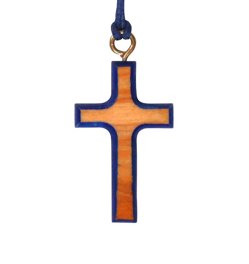 Multi Colored Olive Wood Cross Necklaces marine blue