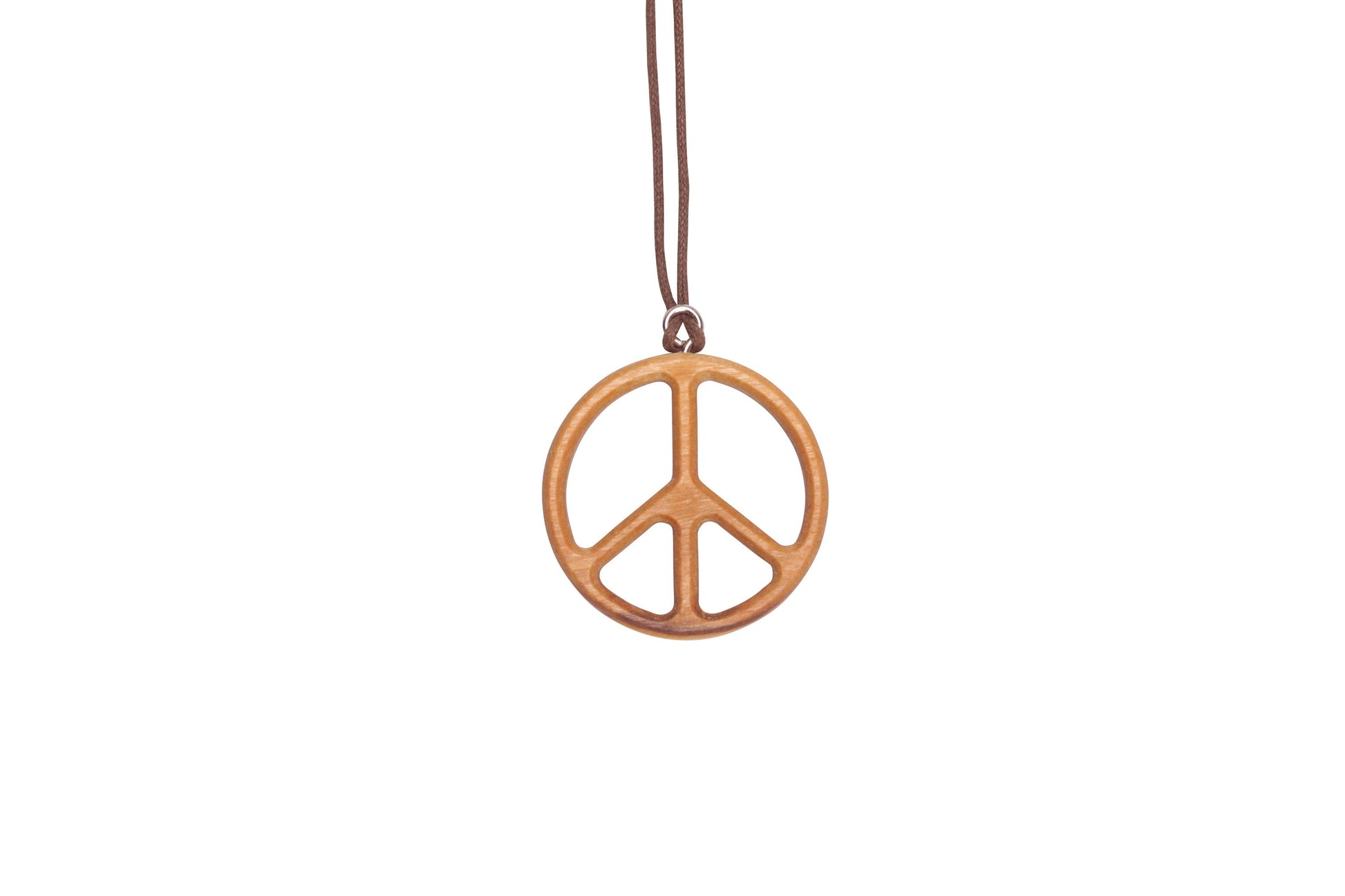 Olive Wood Peace Sign Pendant Necklace Close Up