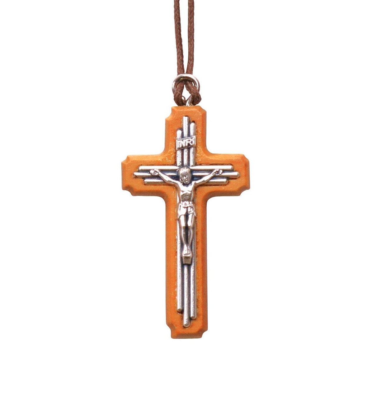 Olive Wood & Tri-Line Metal Crucifix Necklace Close Up