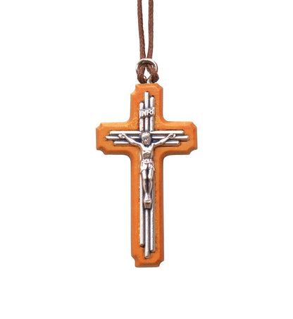 Olive Wood & Tri-Line Metal Crucifix Necklace Close Up