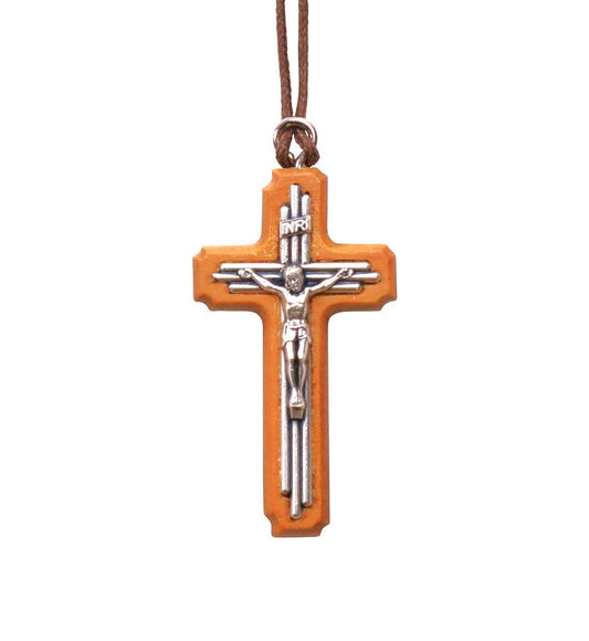 Olive Wood & Tri-Line Metal Crucifix Necklace Close Up
