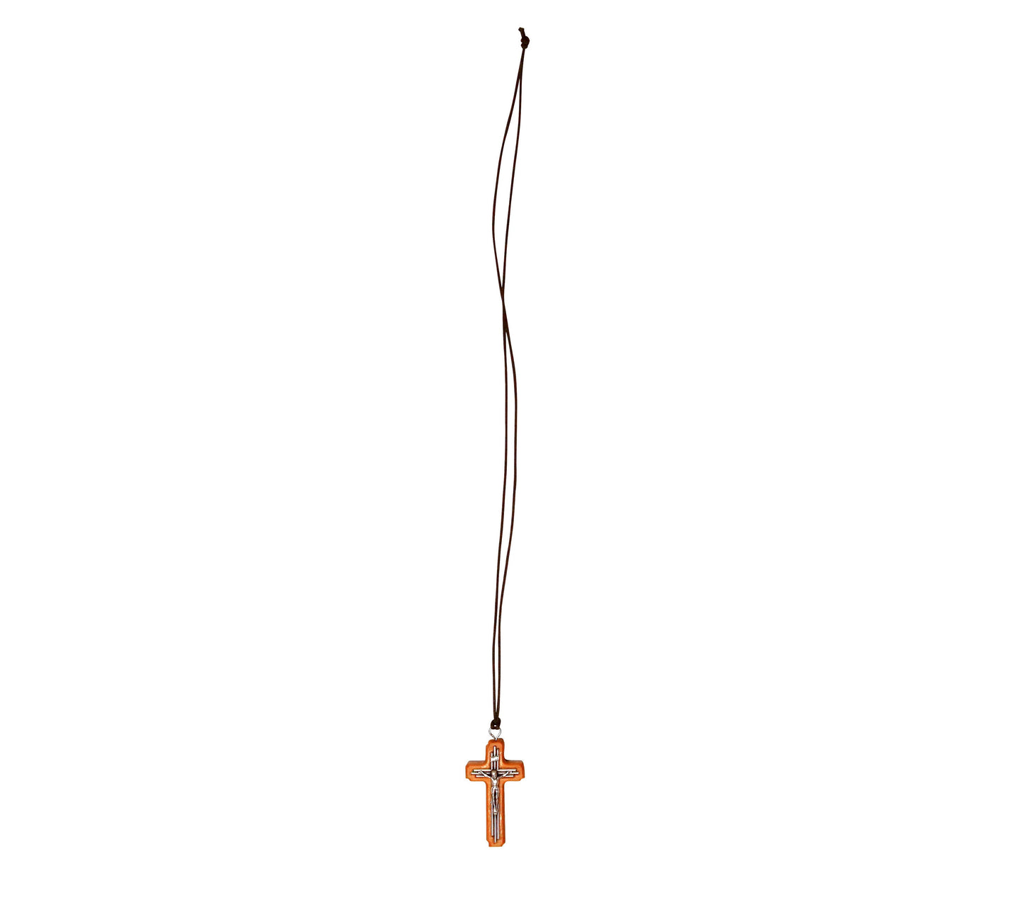 Olive Wood & Tri-Line Metal Crucifix Necklace Full Length