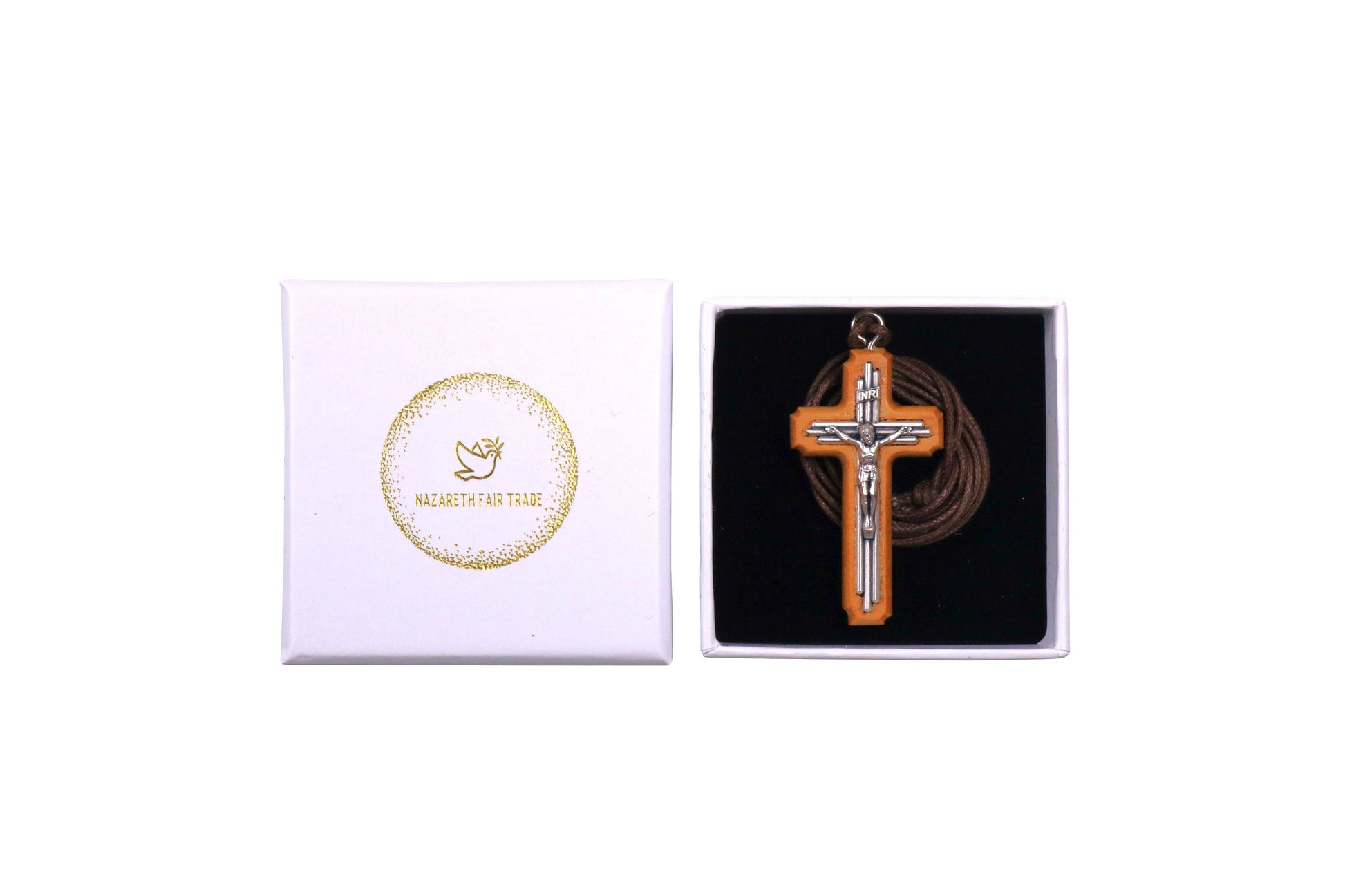Olive Wood & Tri-Line Metal Crucifix Necklace In Gift Box