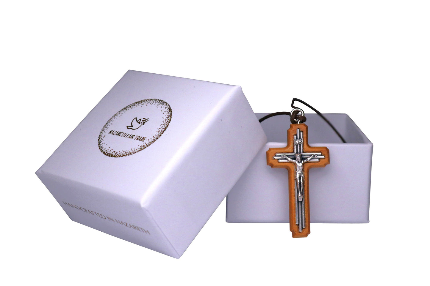 Olive Wood & Tri-Line Metal Crucifix Necklace Outside Gift Box