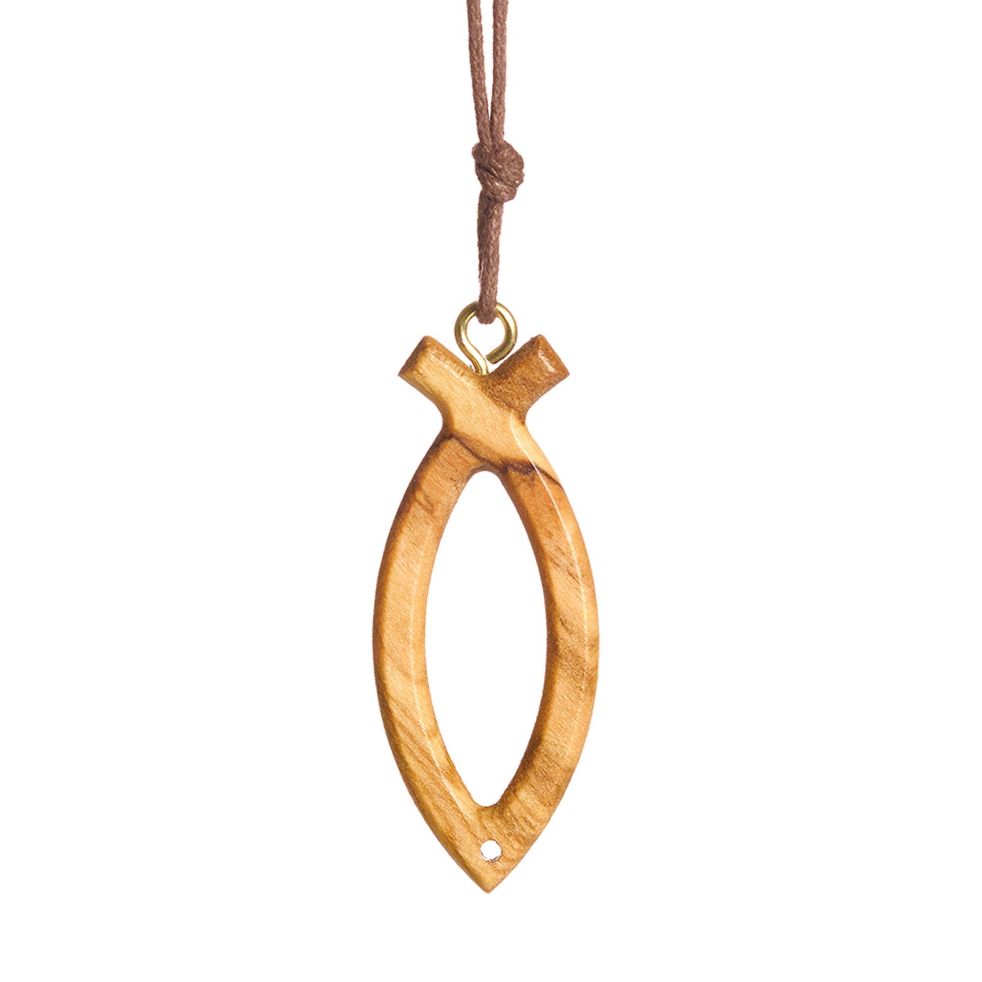 Olive wood Ichthus symbol cross necklace