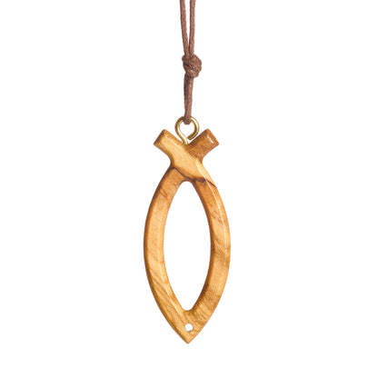 Olive wood Ichthus symbol cross necklace