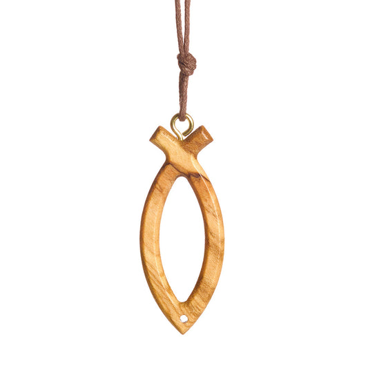 Olive wood Ichthus symbol cross necklace