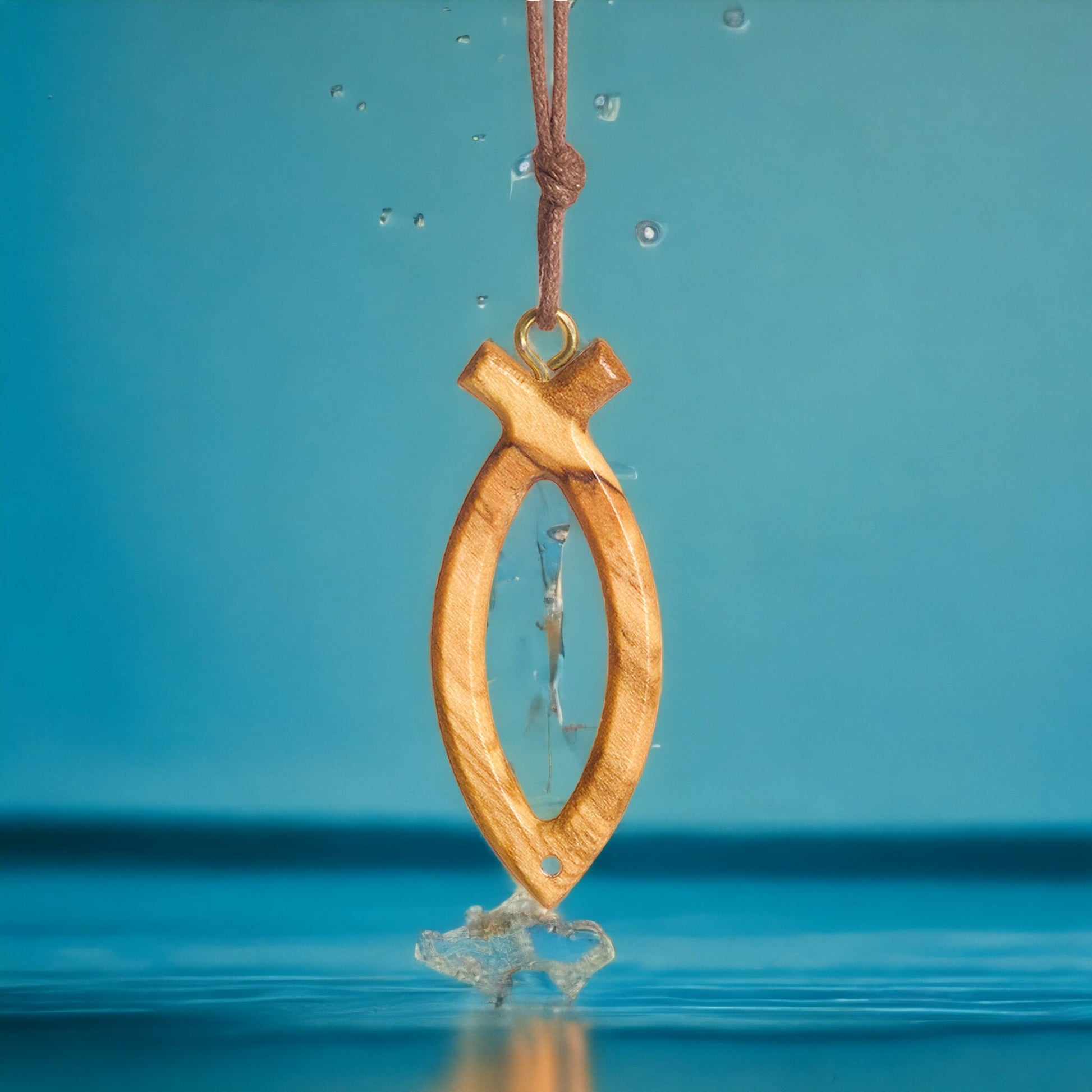 Olive wood Ichthus symbol cross necklace