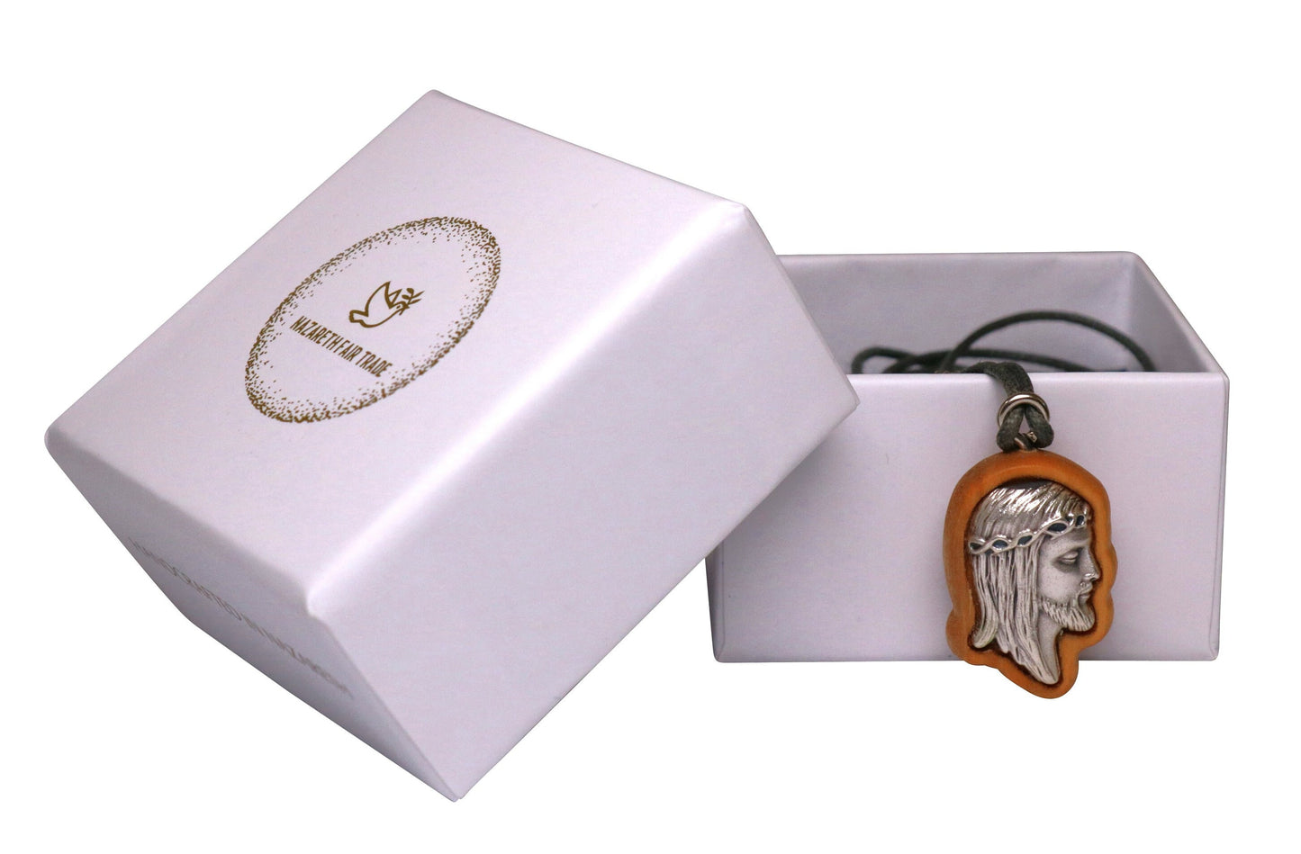 Visage of Jesus Olive Wood Necklace outside gift box