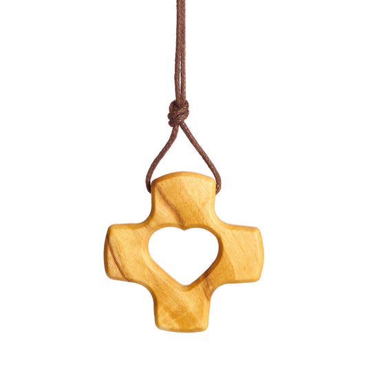 Herz-Kreuz-Halskette aus Olivenholz, handgefertigt in Nazareth für Männer, Frauen, Jungen und Mädchen