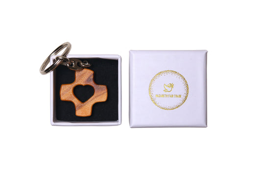 Porte-clés croix coeur en bois d'olivier fait main à Nazareth